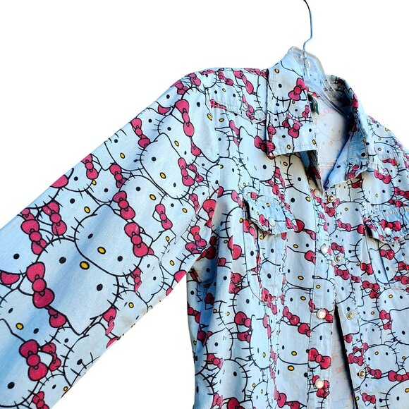Hello Kitty Pearl Snap Shirt Cotton Long Sleeve Western Womens S Blue Gray - Picture 9 of 10